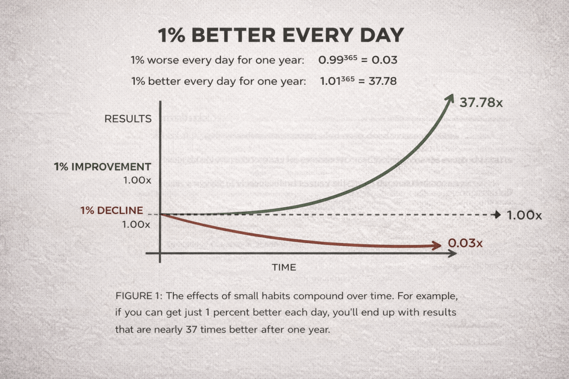 Atomic Habits illustration showing how small daily actions lead to significant long-term results.