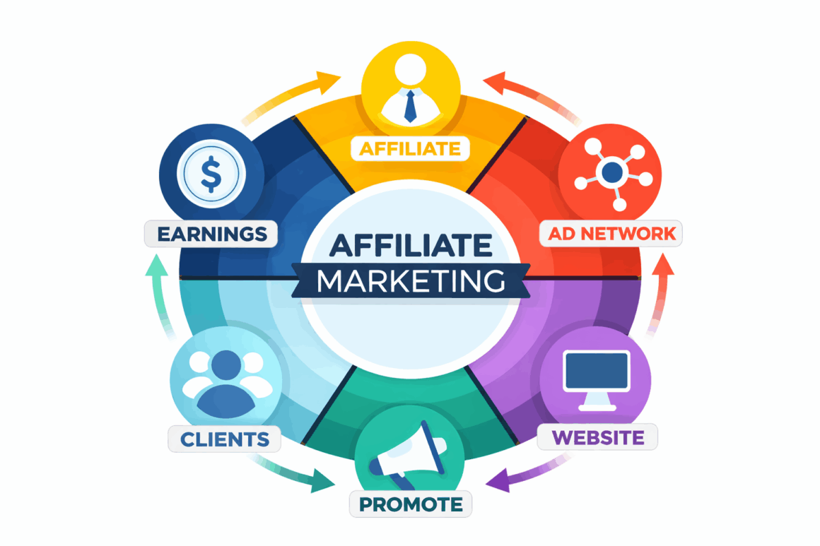 I Tried Amazon Affiliate Marketing – Here's What I Learned Visual diagram illustrating the Amazon affiliate marketing workflow, including affiliates, websites, clients, and commissions.