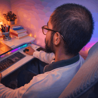 Person working at a computer desk becoming a content writer.