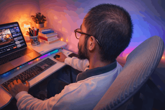 Person working at a computer desk becoming a content writer.