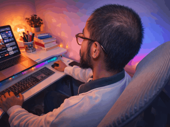 Person working at a computer desk becoming a content writer.
