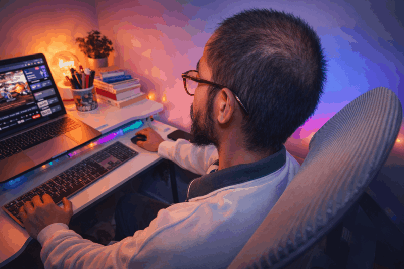 Person working at a computer desk becoming a content writer.