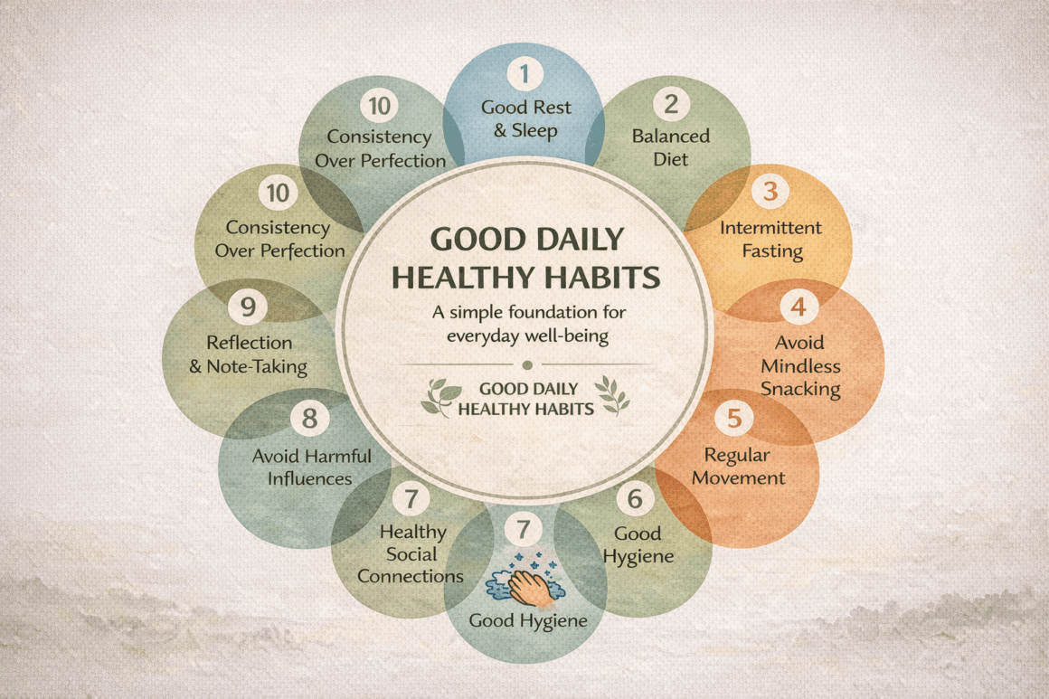 10 Good Daily Healthy Habits to Follow Every Day nfographic showing 10 good daily healthy habits for a balanced and consistent lifestyle