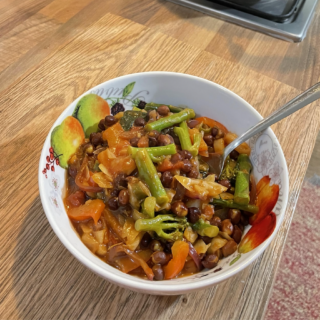 Home-cooked vegetable and lentil meal prepared as part of a simple daily healthy eating routine.