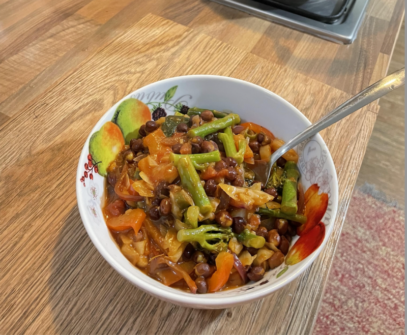 Home-cooked vegetable and lentil meal prepared as part of a simple daily healthy eating routine.