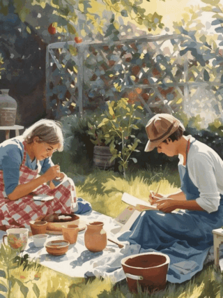 people enjoying creative hobbies outdoors making pottery and sketching in a garden