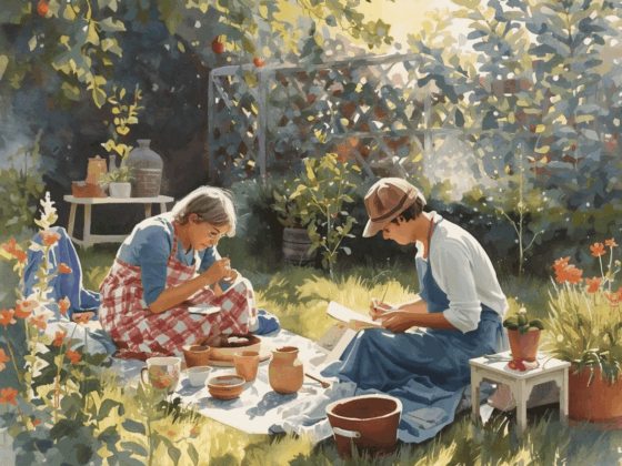people enjoying creative hobbies outdoors making pottery and sketching in a garden