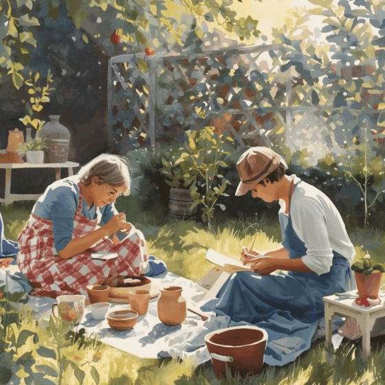 people enjoying creative hobbies outdoors making pottery and sketching in a garden