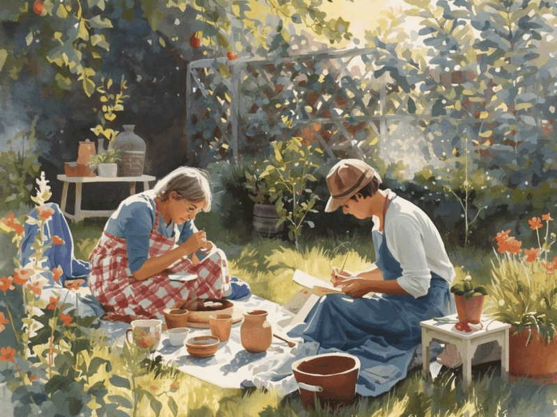 people enjoying creative hobbies outdoors making pottery and sketching in a garden