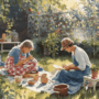 people enjoying creative hobbies outdoors making pottery and sketching in a garden