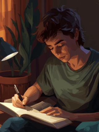 Young man writing in a notebook under warm desk light, illustrating writing as a creative hobby in a calm indoor setting.