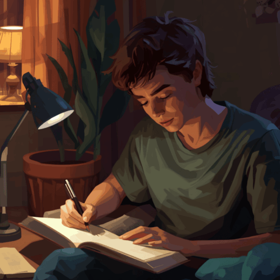 Young man writing in a notebook under warm desk light, illustrating writing as a creative hobby in a calm indoor setting.