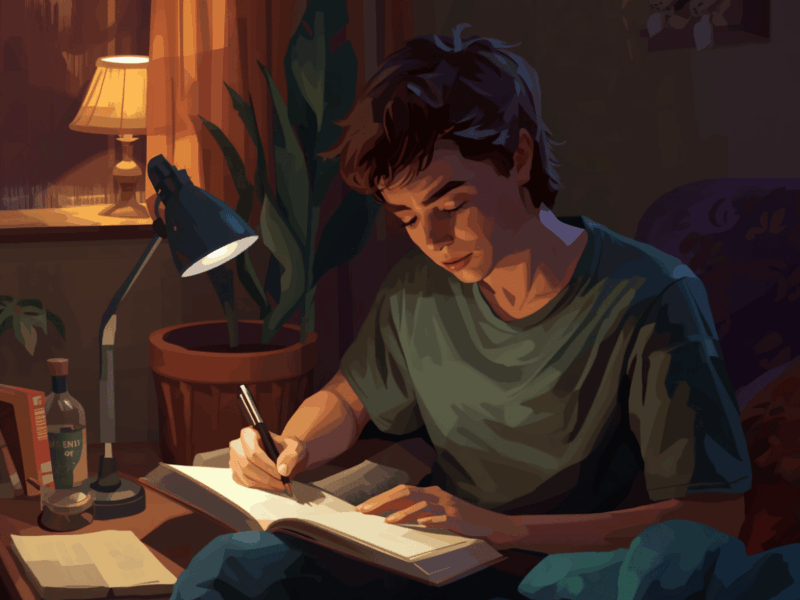Young man writing in a notebook under warm desk light, illustrating writing as a creative hobby in a calm indoor setting.