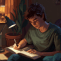 Young man writing in a notebook under warm desk light, illustrating writing as a creative hobby in a calm indoor setting.
